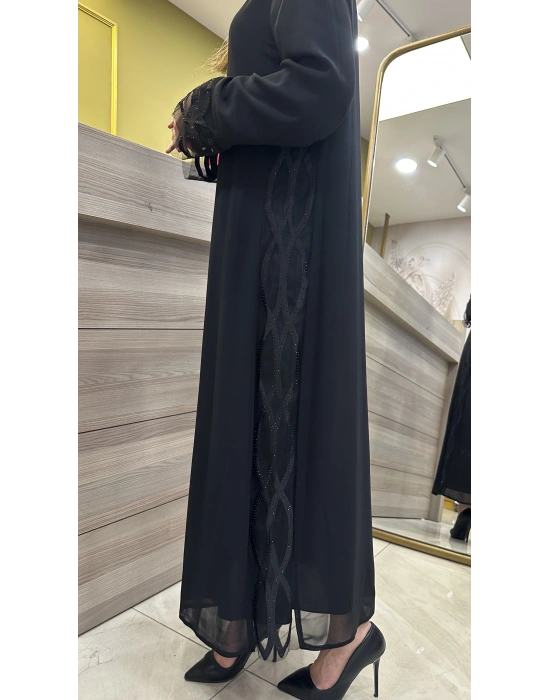 QEFFA 203 Krep Şifon Abaya Siyah