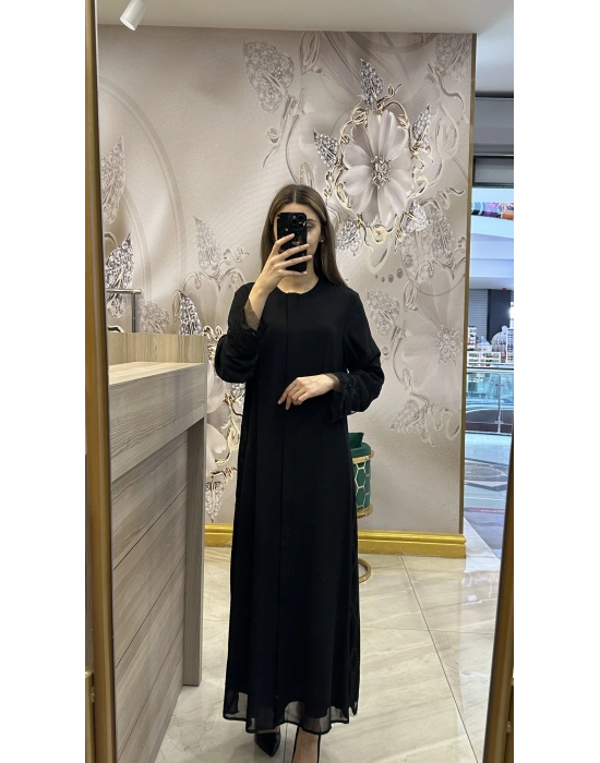 QEFFA 203 Krep Şifon Abaya Siyah