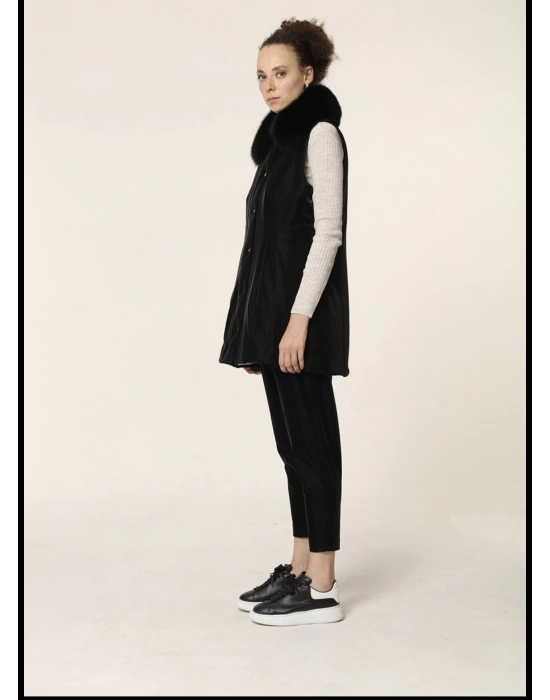 Qupra Kürk Yaka Yelek Siyah