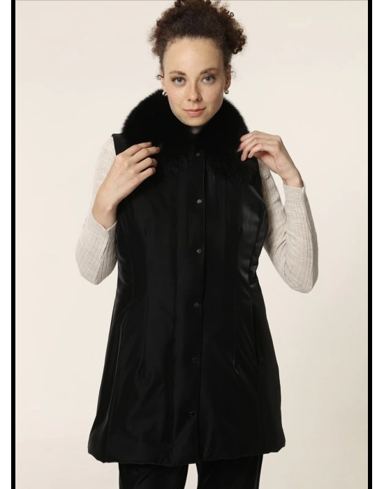 Qupra Kürk Yaka Yelek Siyah