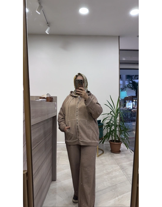 Taşlı ikili takım bej