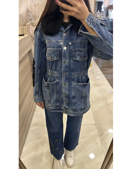 Venöve 25FWCEK0029 Mavi Mone Ceket