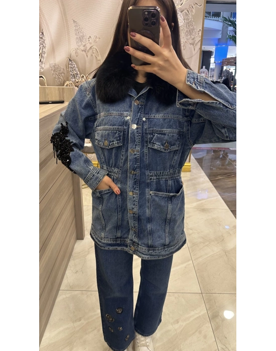 Venöve 25FWCEK0029 Mavi Mone Ceket