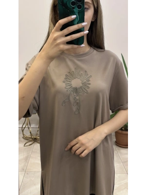 Ceremony 6138 önü işlemeli bambu tişört Vizon