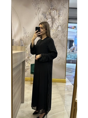 QEFFA 203 Krep Şifon Abaya Siyah