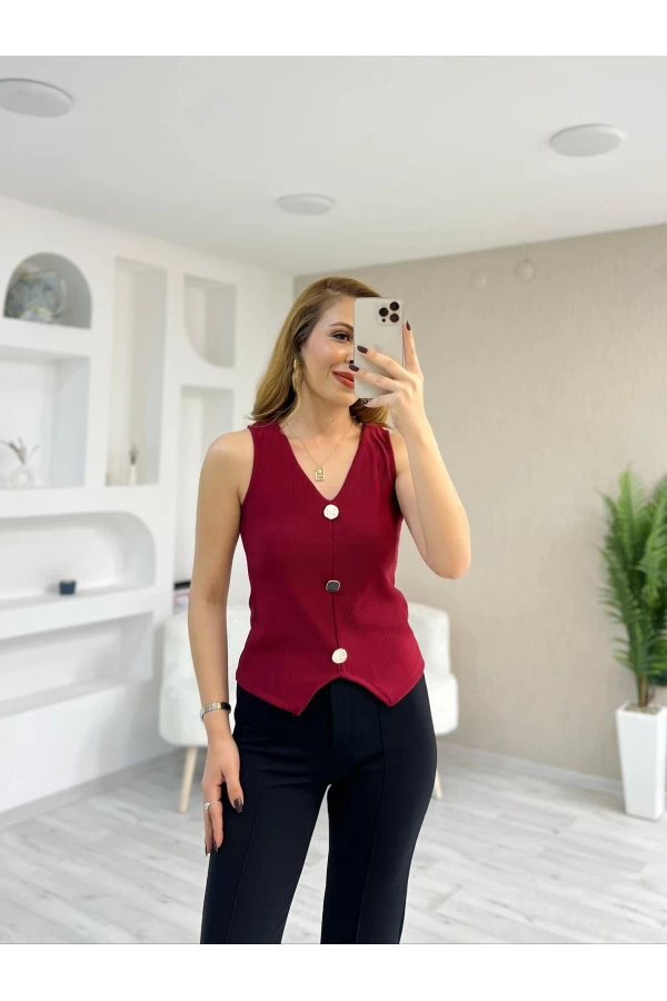Gold Düğmeli Yelek Bordo