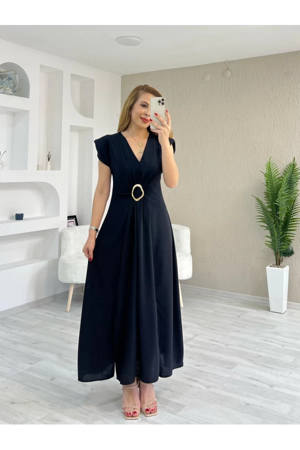 Vatkalı Toka Detay Elbise Siyah
