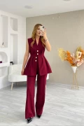 Atlas Kumaş Gold Düğmeli Tasarım Takım Bordo