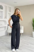 Bağlama Detaylı Krinkıl Kumaş Bluz Pantolon Takım Antrasit