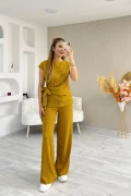 Bağlama Detaylı Krinkıl Kumaş Bluz Pantolon Takım Hardal