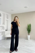 Bağlama Detaylı Krinkıl Kumaş Bluz Pantolon Takım Siyah