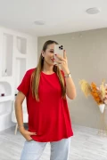 Bisiklet Yaka Viskon Kumaş Basic Tshirt Kırmızı
