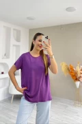Bisiklet Yaka Viskon Kumaş Basic Tshirt Mor