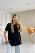 Bisiklet Yaka Viskon Kumaş Basic Tshirt Siyah