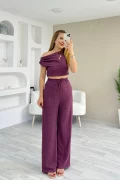 Büzgülü Omuz Detay Bürümcük Bluz Pantolon Takım Mürdüm
