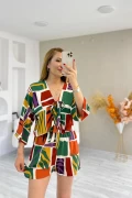 Desenli Kimono Şortlu Takım Kiremit
