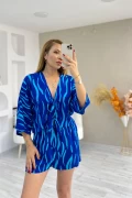 Desenli Kimono Şortlu Takım Turkuaz