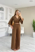 Gipeli Bluz Pantolon Keten Takım Kahverengi