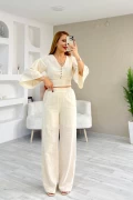 Gipeli Bluz Pantolon Keten Takım Krem