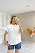 Gold Düğmeli Polo Yaka Tişört Beyaz