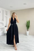 Krinkıl Kumaş Pliseli Toka Detay Elbise Siyah