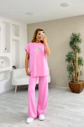 Modal Kumaş Aksesuar Detay Şeritli Takım Pembe