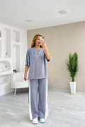 Modal Yan Şeritli Tişört Pantolon Takım Gri