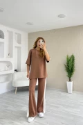 Modal Yan Şeritli Tişört Pantolon Takım Kahverengi