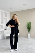 Modal Yan Şeritli Tişört Pantolon Takım Siyah