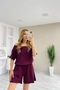 Omuz Detaylı Şort Tulum Bordo