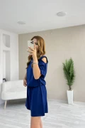 Omuz Detaylı Şort Tulum Mavi