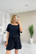 Omuz Detaylı Şort Tulum Siyah