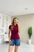 Oysho Kumaş Bisiklet Yaka Kısa Kol Tişört Bordo