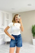 Oysho Kumaş Bisiklet Yaka Kısa Kol Tişört Krem