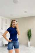 Oysho Kumaş Bisiklet Yaka Kısa Kol Tişört Lacivert