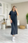 Oysho Yırtmaçlı Kısa Kol Pike Elbise Antrasit