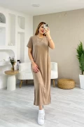 Oysho Yırtmaçlı Kısa Kol Pike Elbise Bej