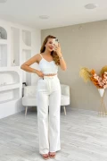 Paça Püsküllü Lazer Kesim Keten Pantolon Beyaz