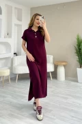 Polo Yaka Gold Düğmeli Yırtmaçlı Elbise Bordo
