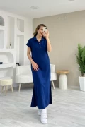 Polo Yaka Gold Düğmeli Yırtmaçlı Elbise Saks Mavi