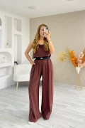 Tensel Kumaş Beli Lastikli Alo Yazılı Bluz Pantolon Takım Acıkahve