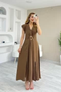 Vatkalı Toka Detay Elbise Kahve