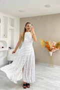Viskon Kumaş Halter Yaka Puantiyeli Elbise Beyaz