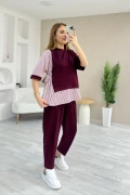 Yanı Bağcıklı Çizgili Takım Bordo
