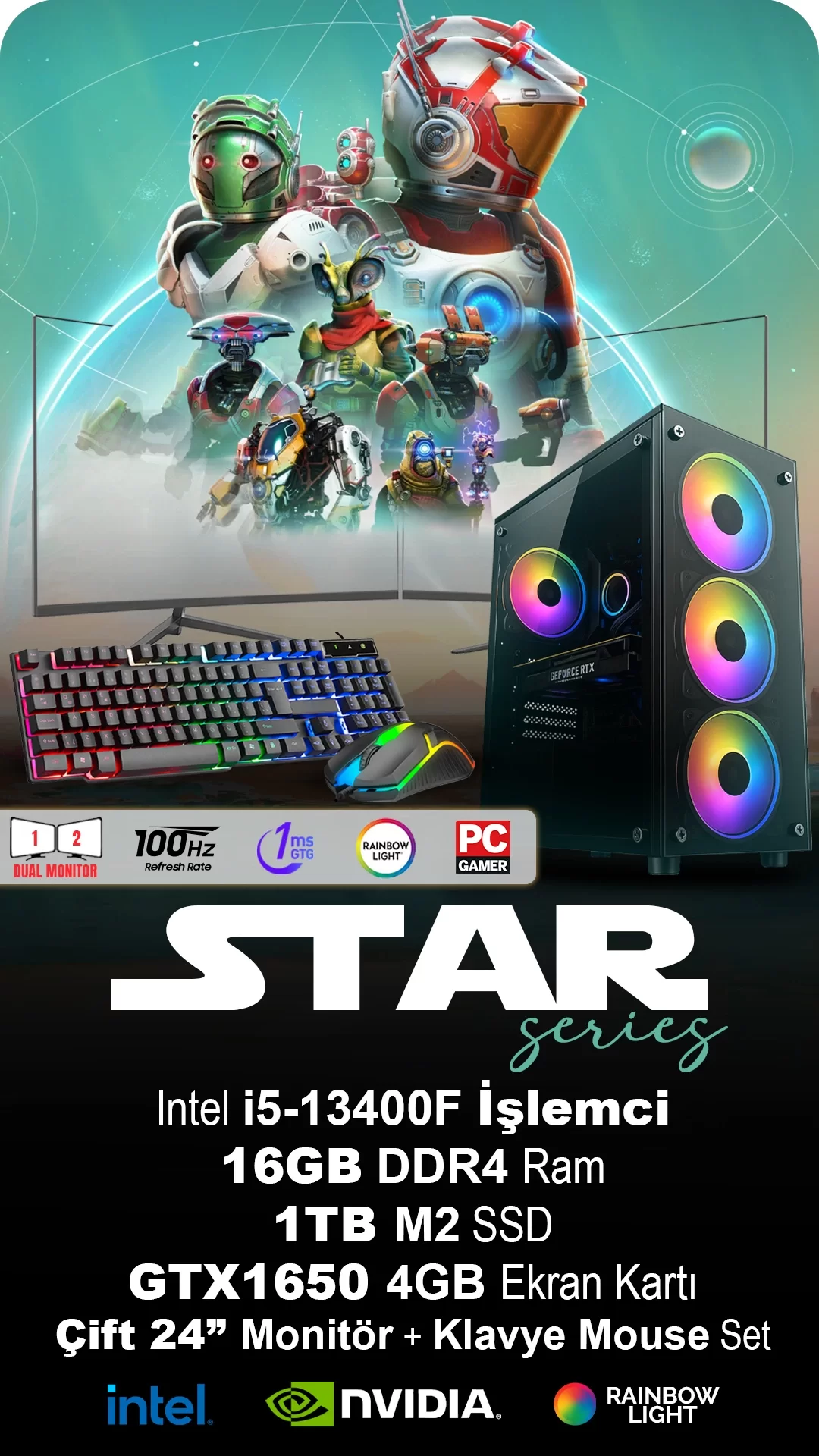 i5 13400F 16GB DDR4 1TB m2 4GB GTX1650 Çift 24