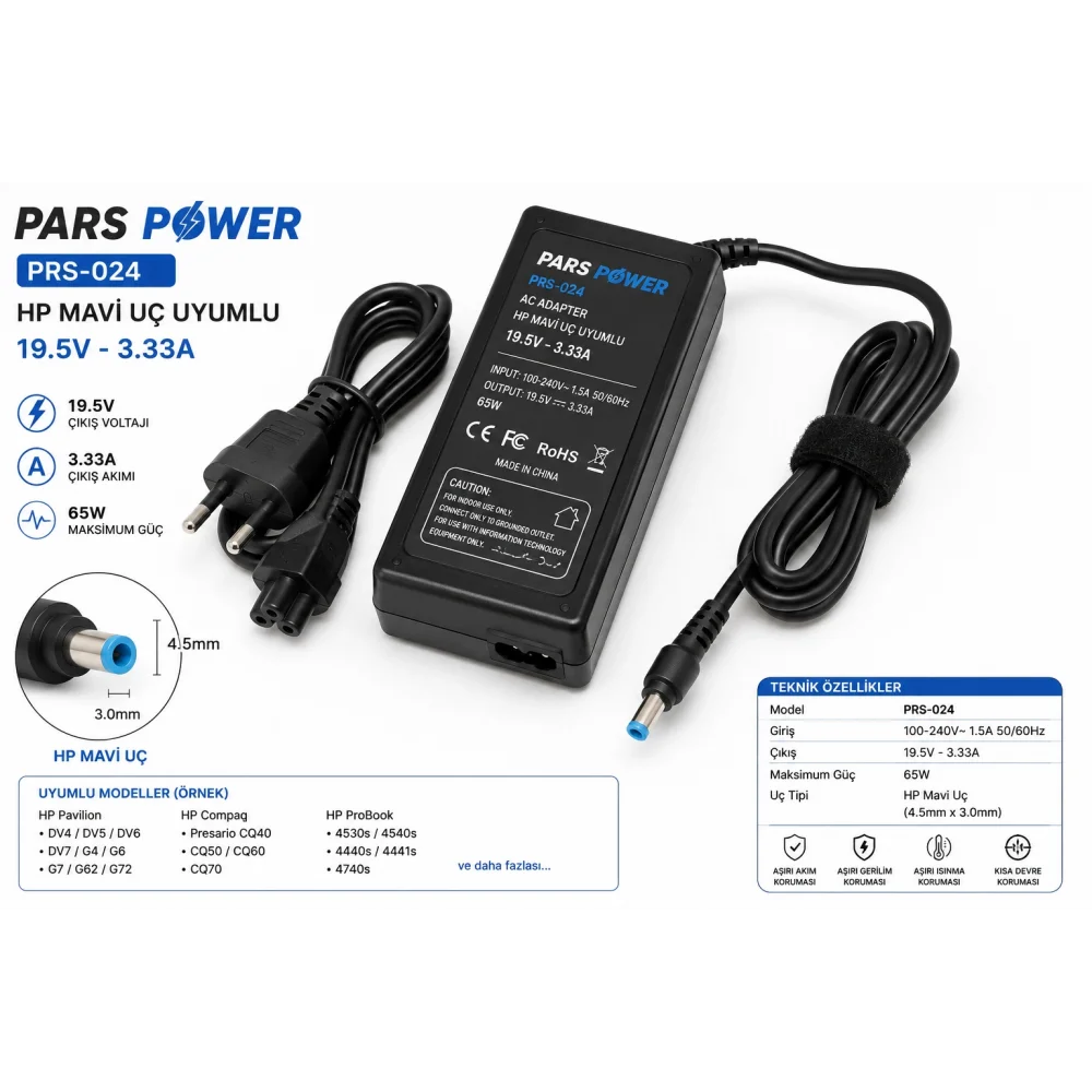 ADAPTÖR NB PARS POWER PRS-024 HP MAVİ UÇ 19.5V - 3.33A NOTEBOOK ADAPTÖR