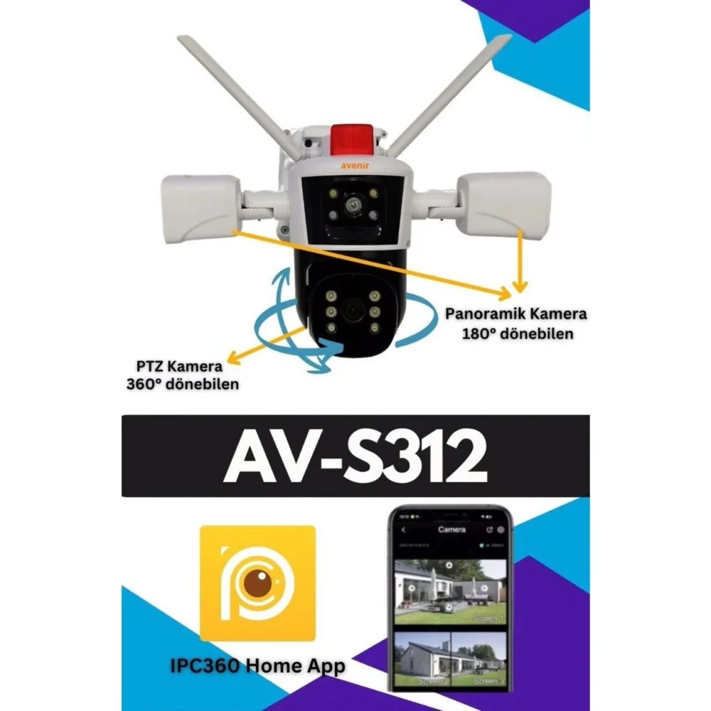 Avenir AV-S312 Wi-Fi Akıllı Ip ve Kablolu Çift Başlıklı 3 Lens 3 Kameralı 3Mp Güvenlik kamerası