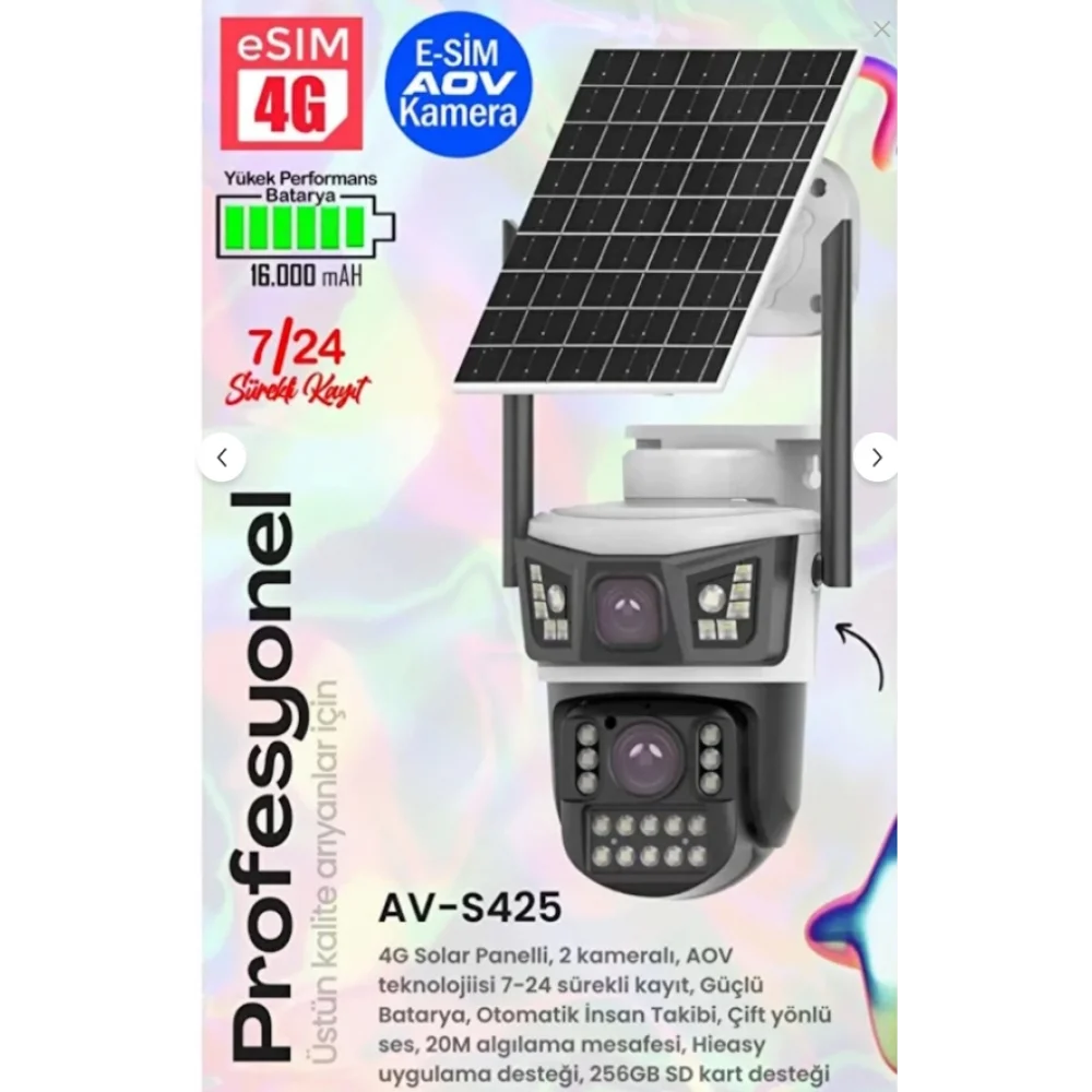 Avenir AV-S425 4MP 2 Kameralı Solar PTZ 4G Sim Kartlı Kamera