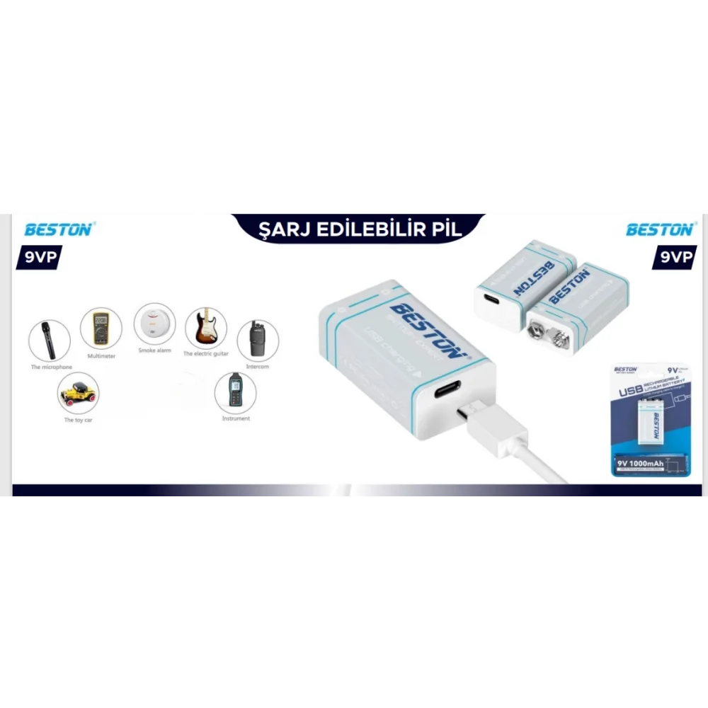 Beston Pil 9Vp Şarj Edilebilir 9V 1000Mah Usb Type-C Şarj Kablolu