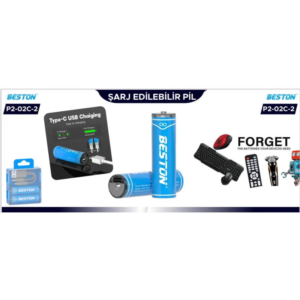 Beston Pil P2-02C-2 Şarj Edilebilir 2Li 1.5V Aaa Usb Type-C Şarj Kablolu